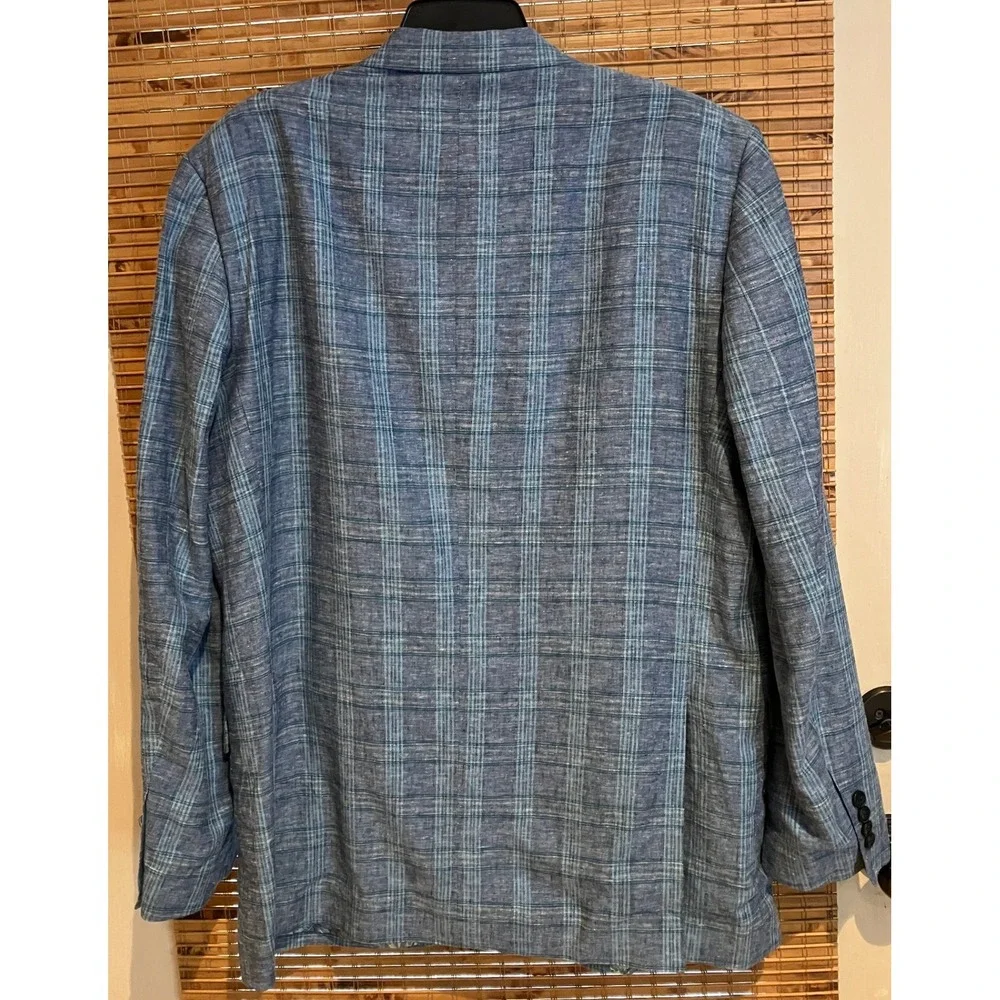 Alan Flusser Mens 44R Blue Plaid Linen Blend Sport Coat Blazer Tropical Preppy